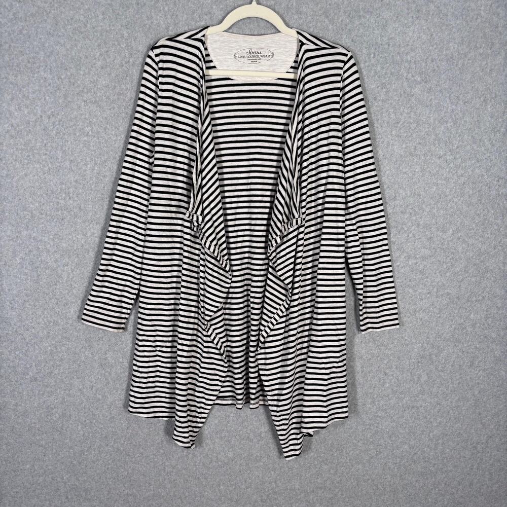 Soma Wrap Drape Duster Cardigan Medium Black Cream Striped Pockets Soft Lounge